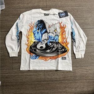 Hellstar White Long Sleeve Shirt with Blue and Black Graphic BOTH Sides